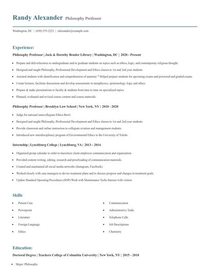 Philosophy Professor Resume