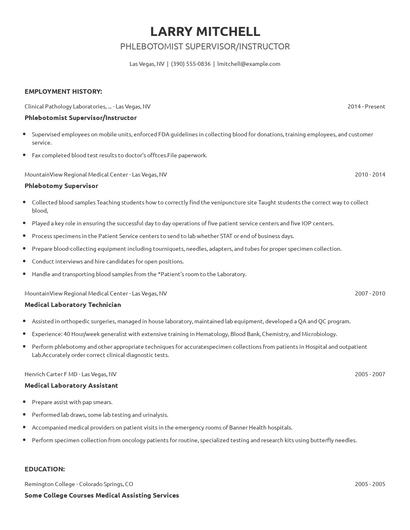 Phlebotomist Supervisor/Instructor Resume