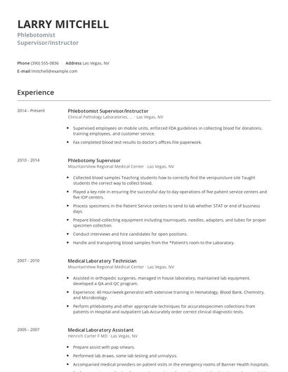 Phlebotomist Supervisor/Instructor Resume