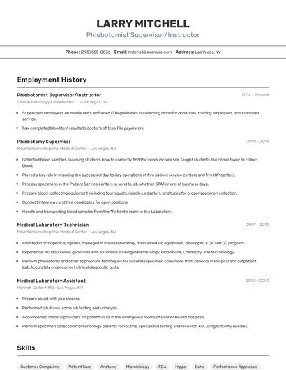 Phlebotomist Supervisor/Instructor Resume