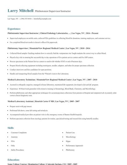 Phlebotomist Supervisor/Instructor Resume