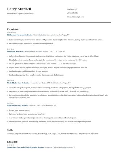 Phlebotomist Supervisor/Instructor Resume