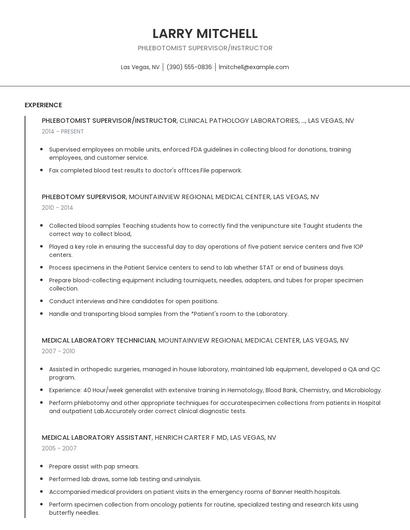 Phlebotomist Supervisor/Instructor Resume
