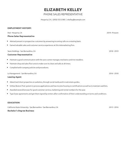 Phone Sales Representative Resume