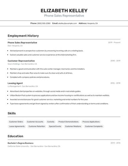 Phone Sales Representative Resume