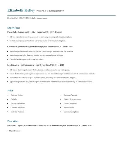 Phone Sales Representative Resume