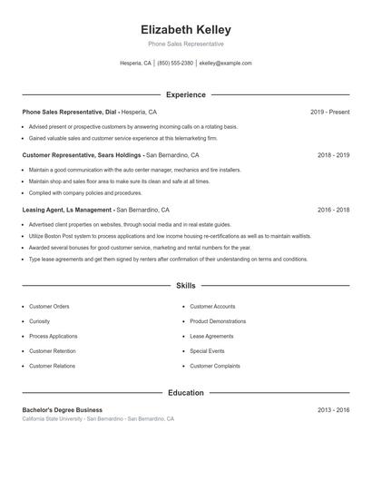 Phone Sales Representative Resume
