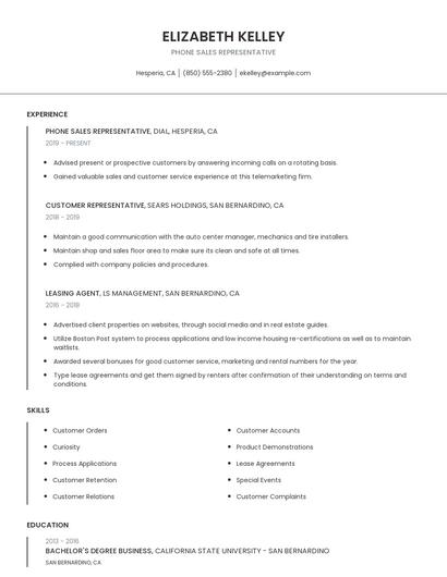 Phone Sales Representative Resume