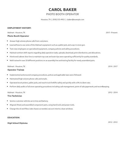 Photo Booth Operator Resume
