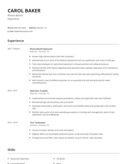 Photo Booth Operator Resume