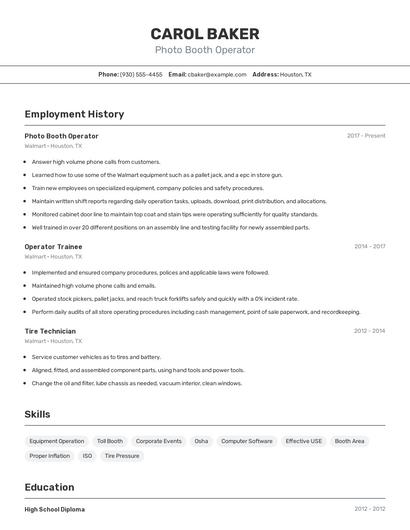 Photo Booth Operator Resume