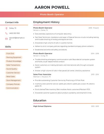 Photo Booth Operator Resume