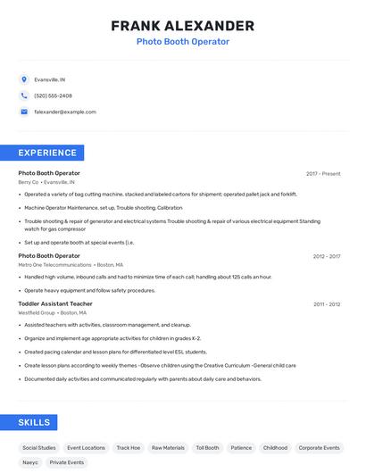 Photo Booth Operator Resume