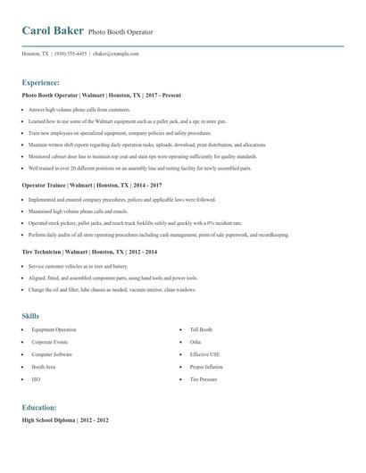 Photo Booth Operator Resume
