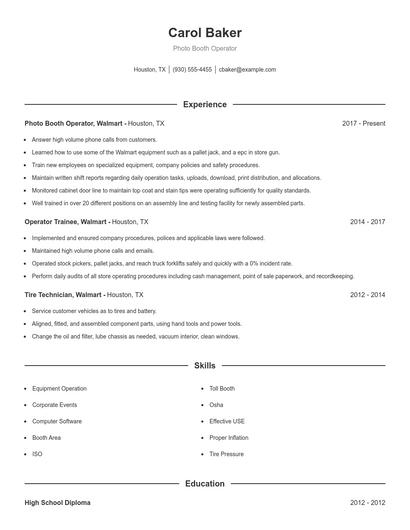 Photo Booth Operator Resume
