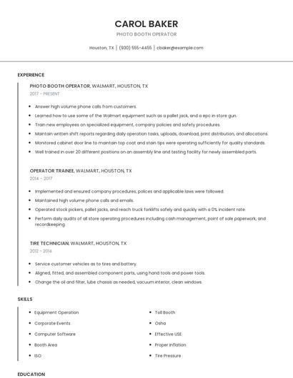 Photo Booth Operator Resume