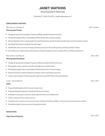 Photograph Printer Resume