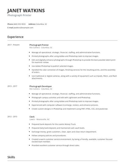 Photograph Printer Resume