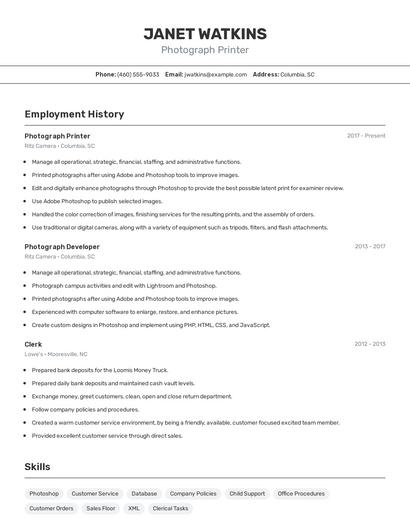 Photograph Printer Resume