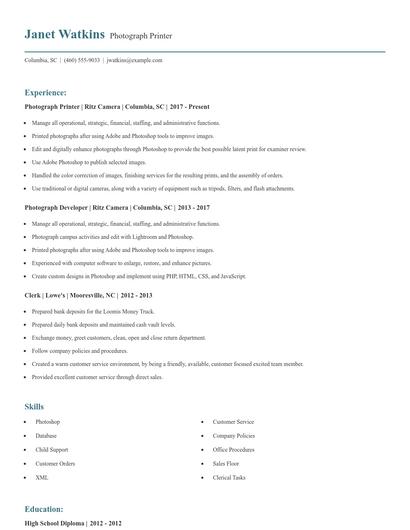 Photograph Printer Resume
