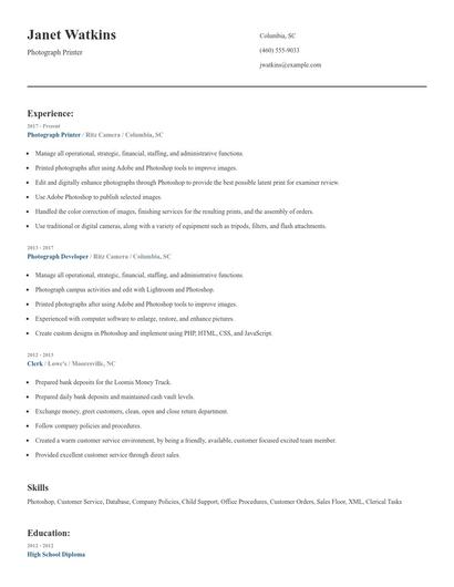 Photograph Printer Resume