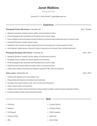 Photograph Printer Resume