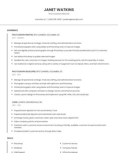 Photograph Printer Resume