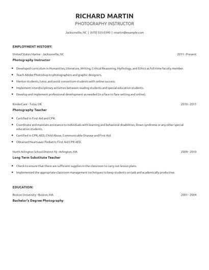 Photography Instructor Resume