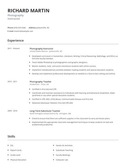 Photography Instructor Resume