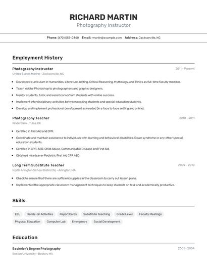 Photography Instructor Resume
