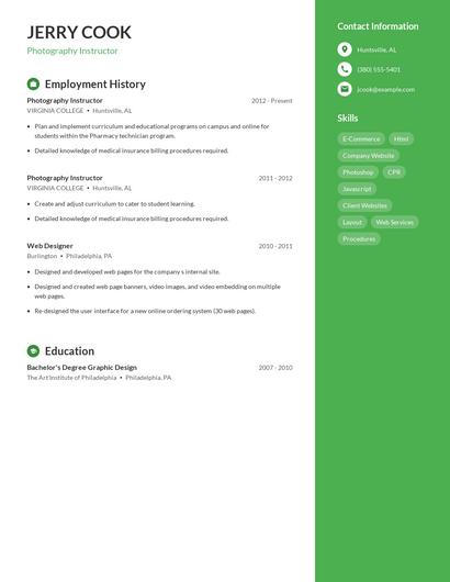 Photography Instructor Resume