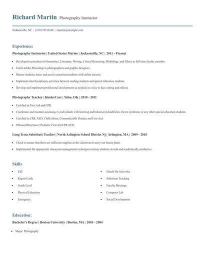 Photography Instructor Resume