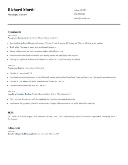 Photography Instructor Resume