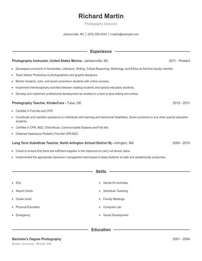 Photography Instructor Resume
