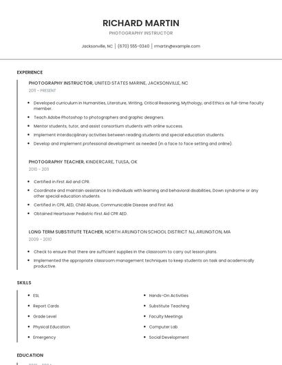 Photography Instructor Resume