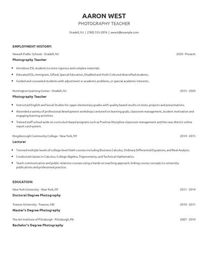 Photography Teacher Resume