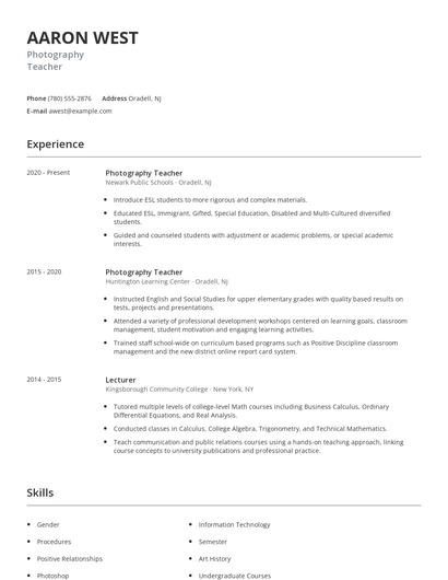 Photography Teacher Resume