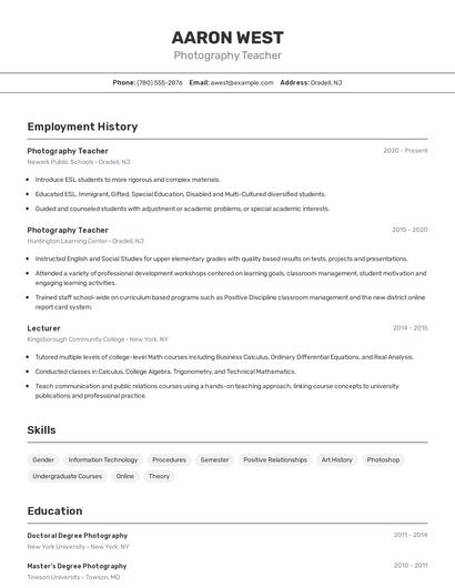 Photography Teacher Resume