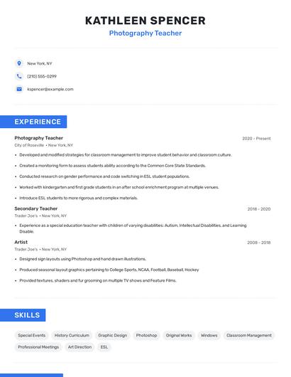 Photography Teacher Resume