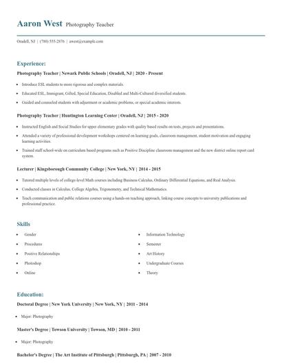 Photography Teacher Resume