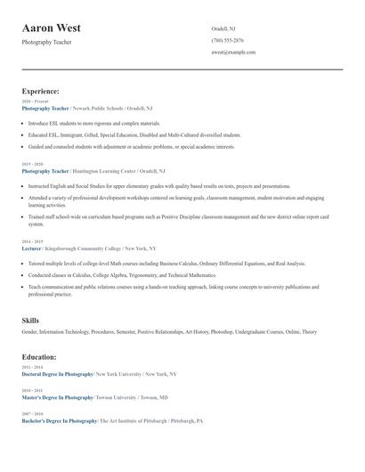 Photography Teacher Resume