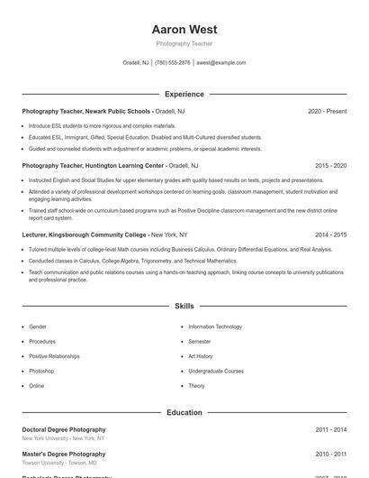 Photography Teacher Resume
