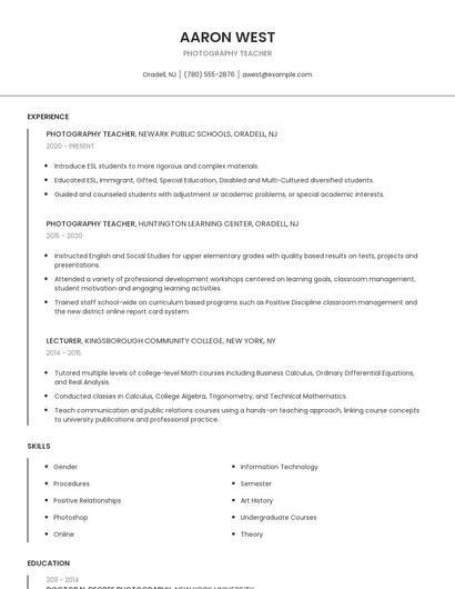 Photography Teacher Resume