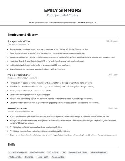 Photojournalist/Editor Resume
