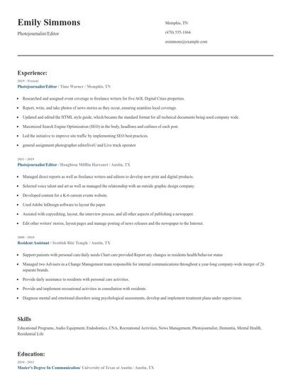 Photojournalist/Editor Resume