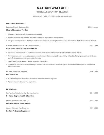 Physical Education Teacher Resume