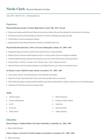 Physical Education Teacher Resume