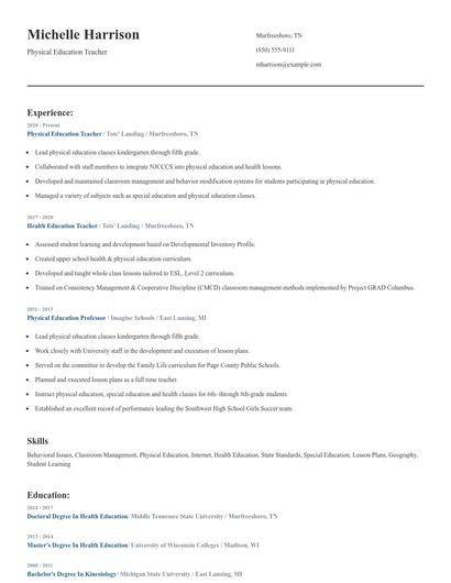 Physical Education Teacher Resume