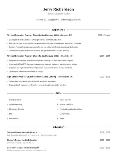 Physical Education Teacher Resume