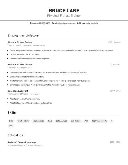 Physical Fitness Trainer Resume